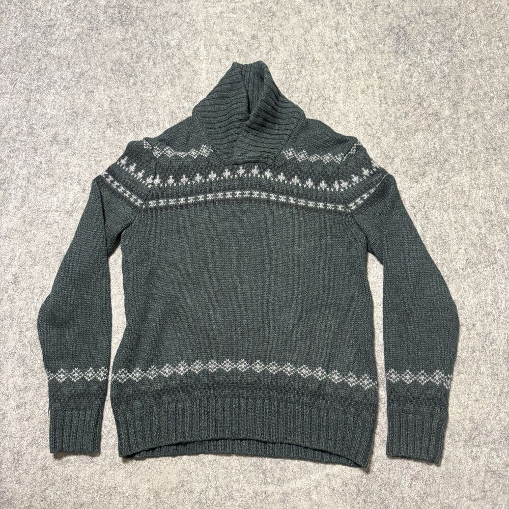 American Eagle Fair Isle Sweater Mens L Shawl Neck Green Knit Winter Pullover